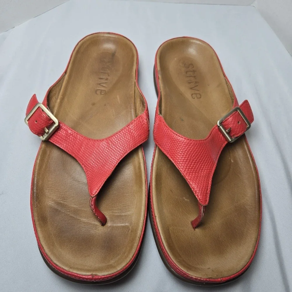 Strive Alba Buckle Sandals Red‎ Leather Thong Flip Flop Womens 9.5 10 Vacation